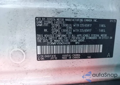 2025 Toyota Rav4 Hybrid Xle z USA, uszkodzony, nr VIN 2T3RWRFV9SW264698